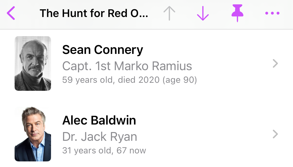 Screenshot showing the cast list for The Hunt for Red October. For example, "Sean Connery 59 years old, died 2020 (age 90)"