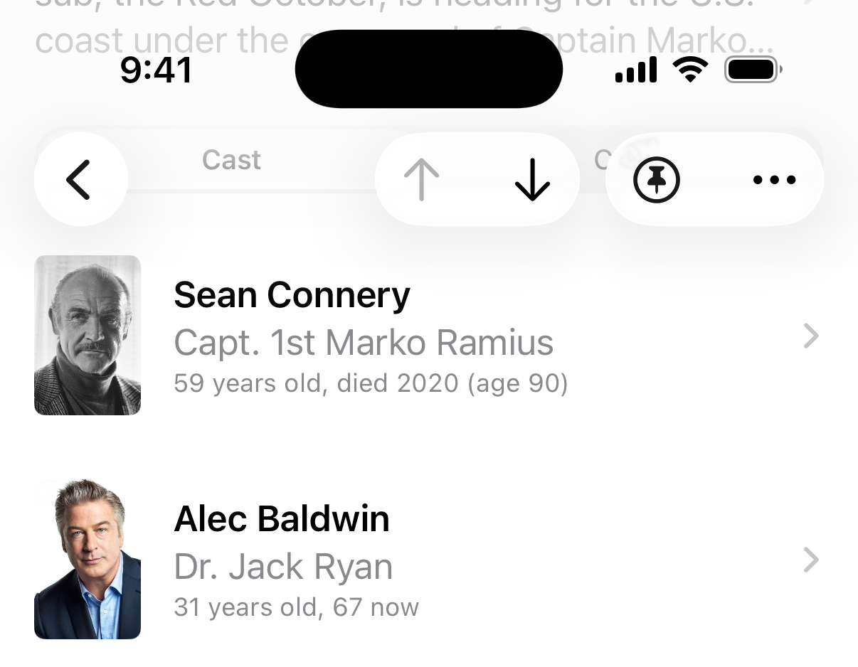 Screenshot showing the cast list for The Hunt for Red October. For example, "Sean Connery 59 years old, died 2020 (age 90)"