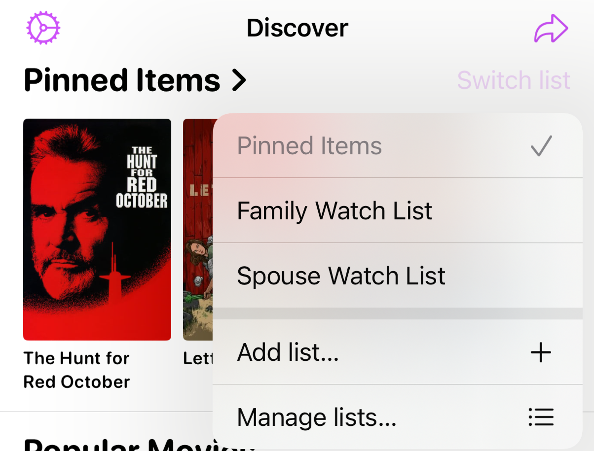 Screenshot of multiple lists selector