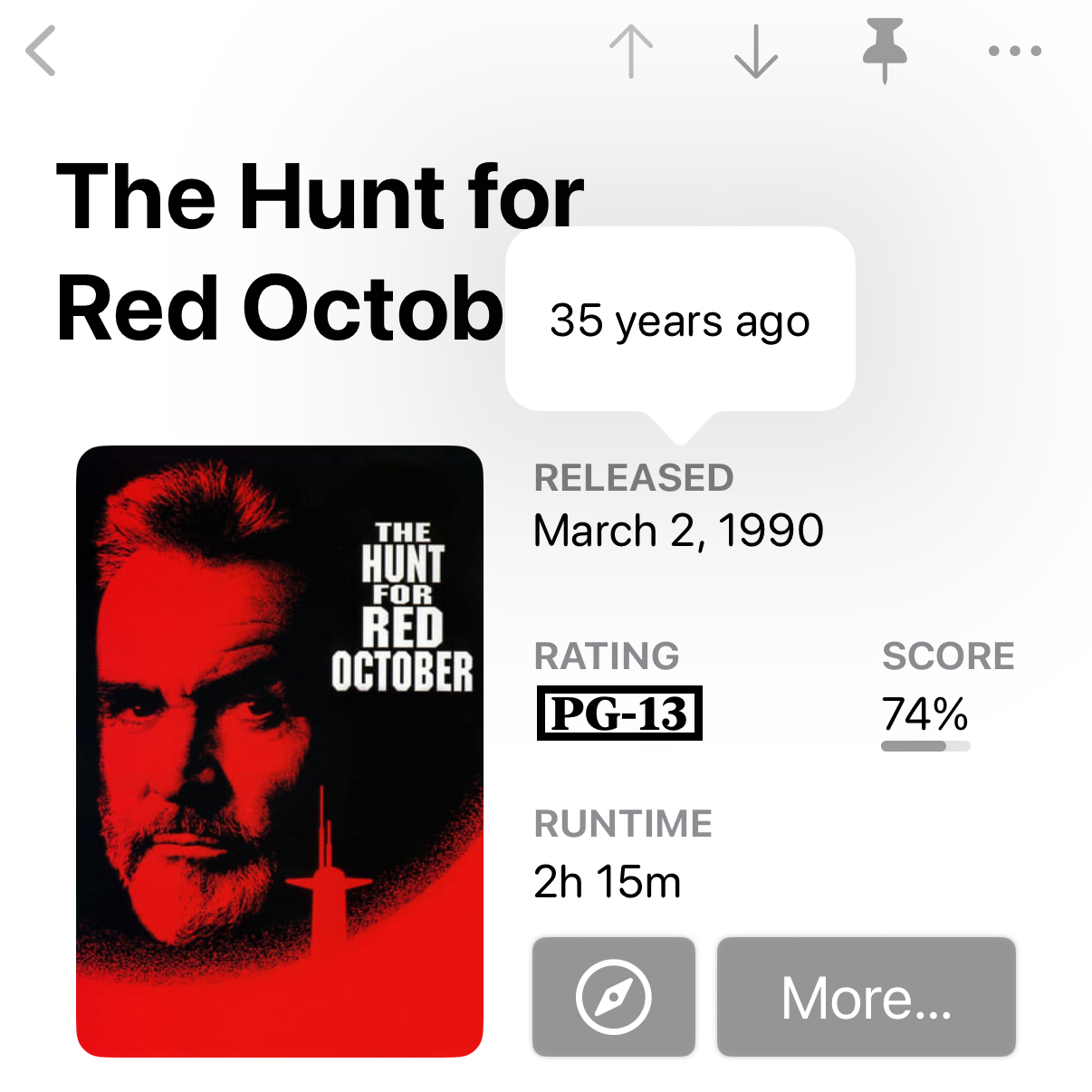 Screenshot of Callsheet showing The Hunt for Red October, with a tooltip over the release date indicating it was 35 years ago.